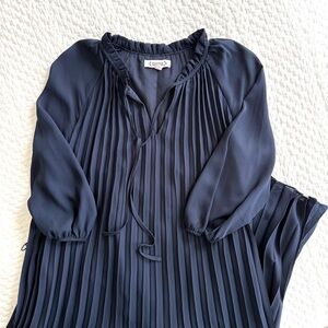 Navy Pleated Quarter Sleeve Dress